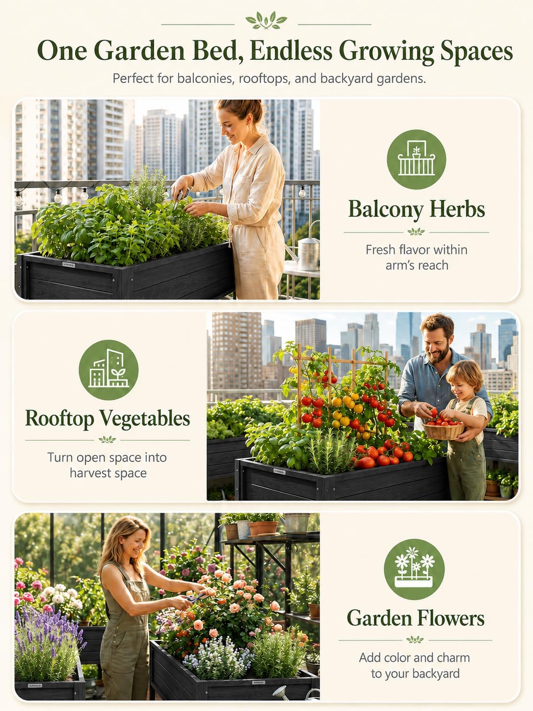 YEFU Raised Garden Bed with Legs: 48x24x30 Inch Waist-High Elevated Planter Box for Vegetables/Herbs/Flowers - UV-Resistant HIPS Material & Drainage Holes - 385lbs Capacity for Patio/Balcony (Black)