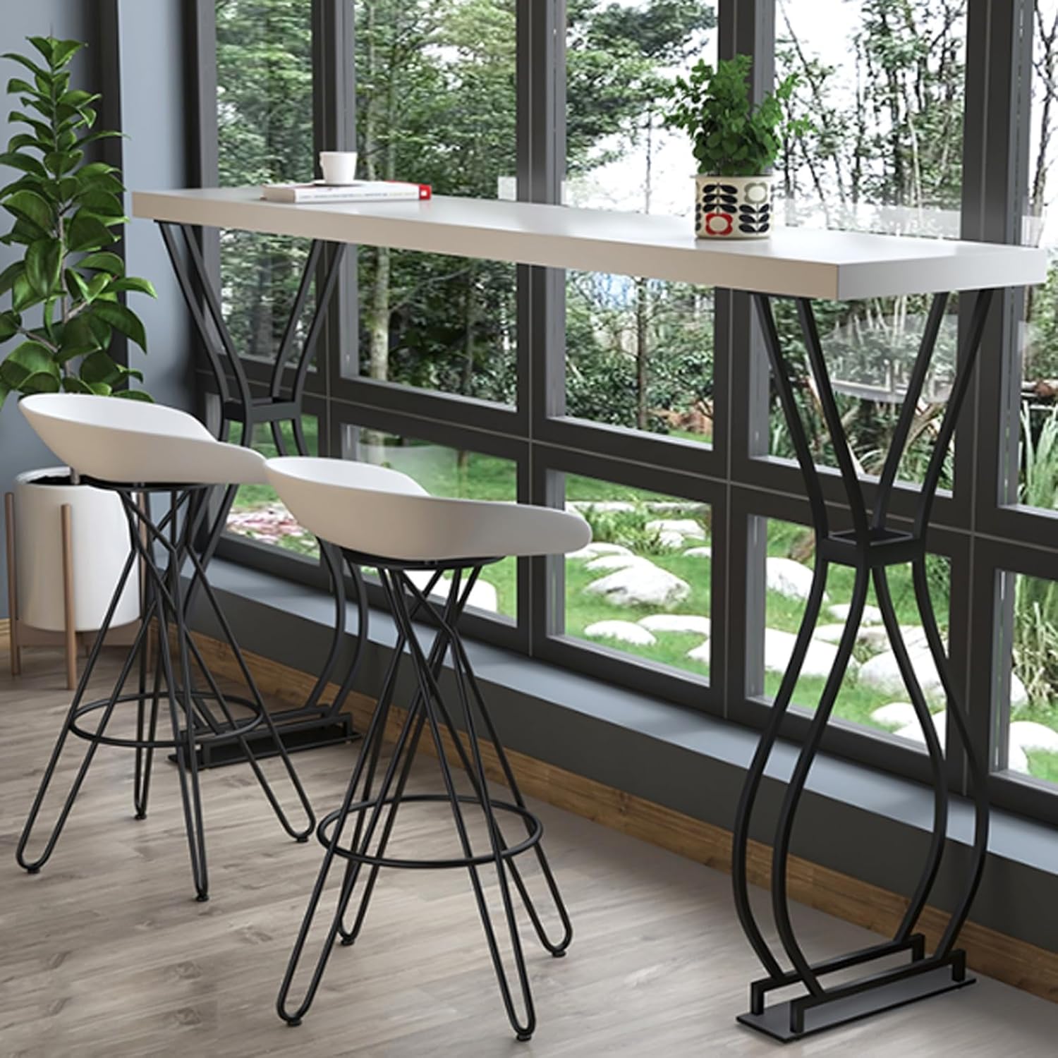 Industrial Solid Wood Bar Table with Iron Base - Modern Narrow Dining Table for Kitchen, Breakfast, Outdoor Pub, and Patio - Stylish Home Partition Furniture, No Stools Included