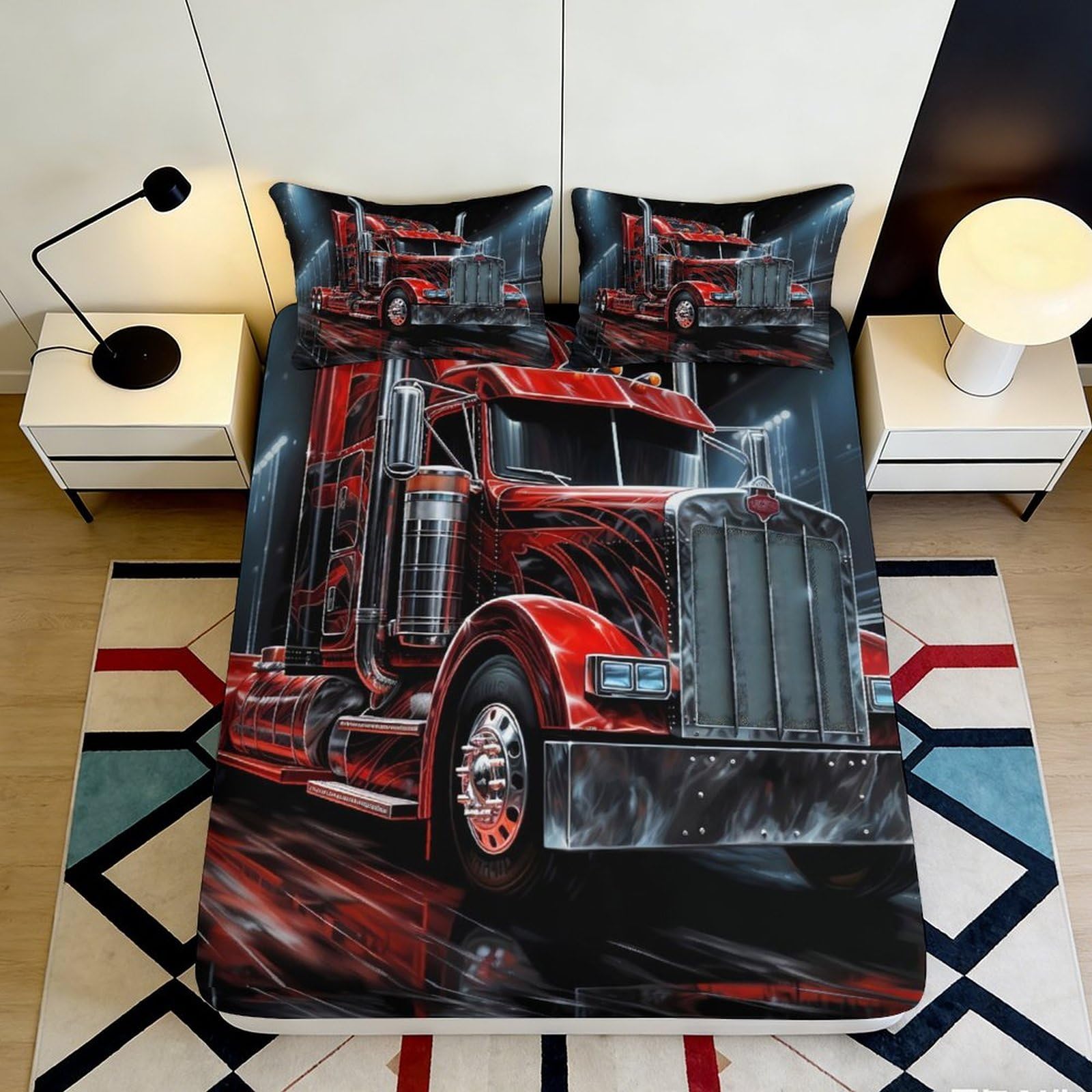 Uynsixtme Style-3 3D Printed Truck Theme Fitted Sheet Microfiber Deep Pocket Non-Slip For Bedroom Bedding Truck Style Mattress Fitted Cover 90X200x25cm