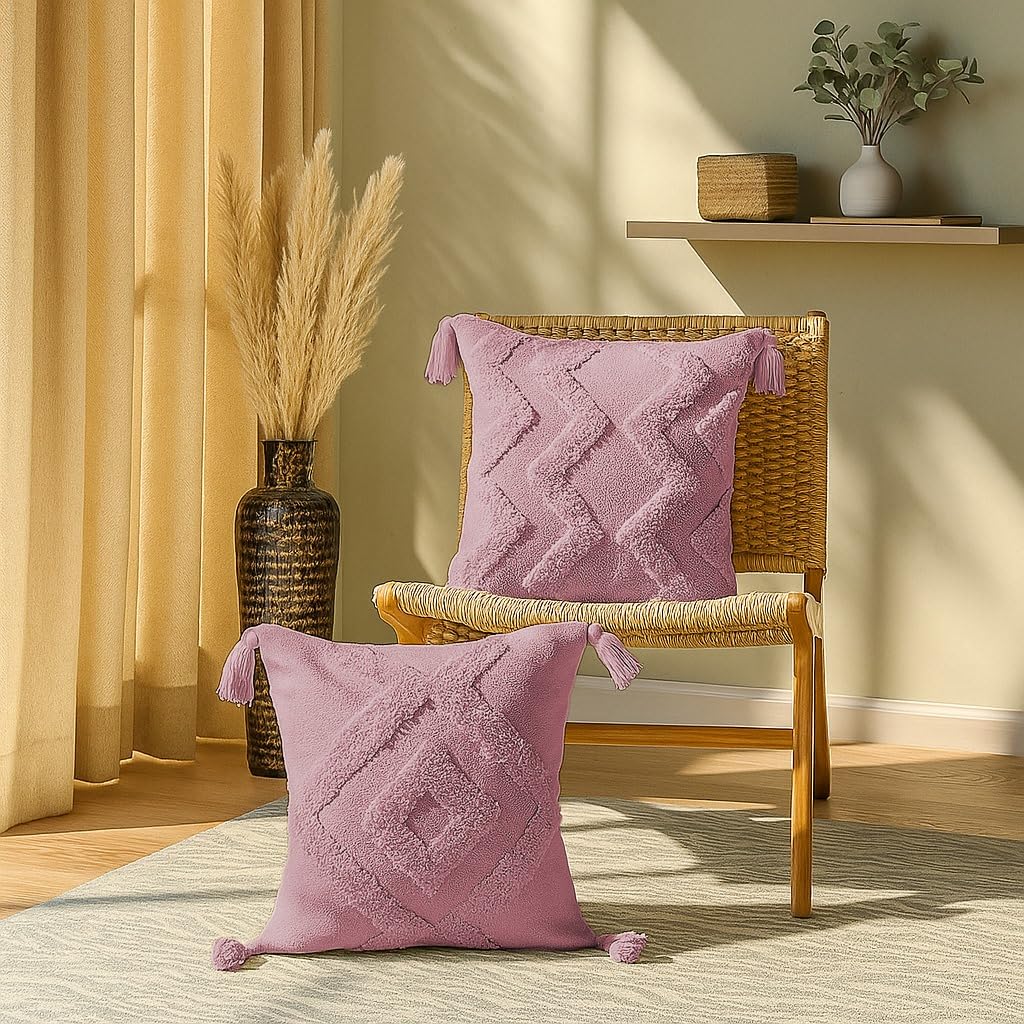 SILK & YANA 16x16 Inch Cotton Cushion Covers Pack of 2 – Hand-Tufted Geometric Pillowcases with Tassels for Sofa, Bed & Living Room Décor (Zigzag Drifter & Diamond Amazer)(Blush-Pink)