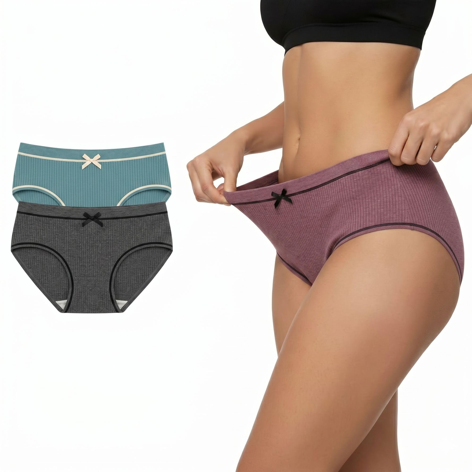 wneedu Women’s Ribbed Cotton Bikini Panties Pack of 2 | Soft Stretch Breathable Briefs for Women | Mid Rise Comfortable Everyday Innerwear | Multicolor-picture-10
