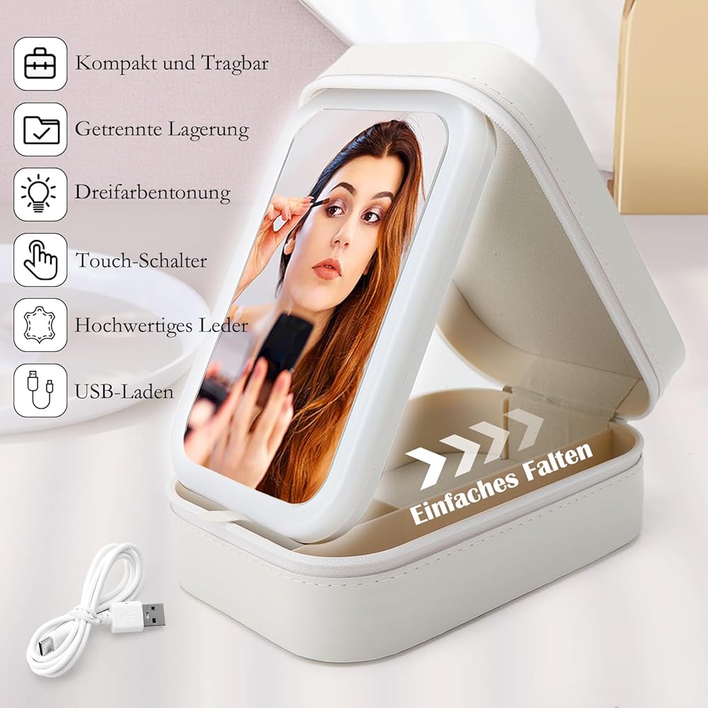 Organizzatore Trucco Con Specchio LED - Trousse Da Viaggio 3 Luci, Portatile Per Makeup E Gioielli (Bianco) - Foto 5