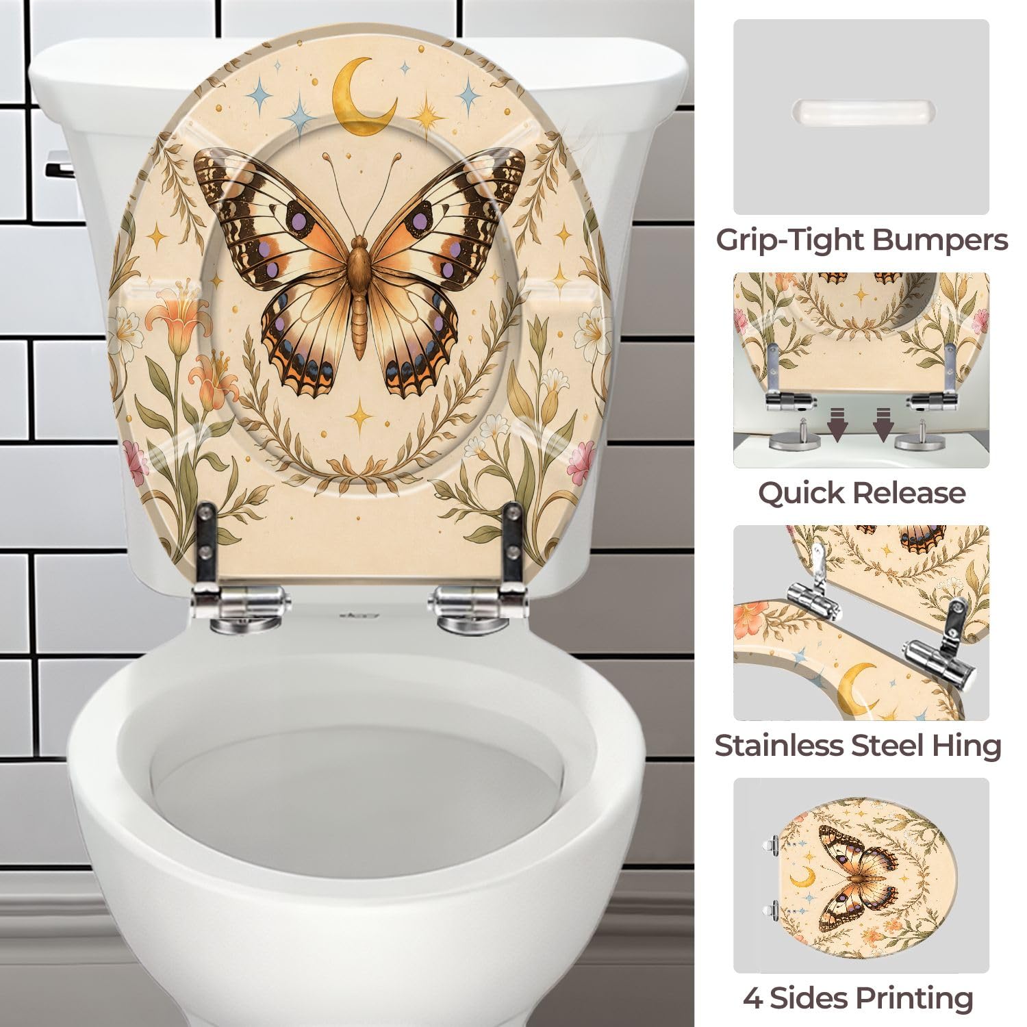 Asiento de inodoro redondo de resina con diseño de polilla gótica para decoración de baño.