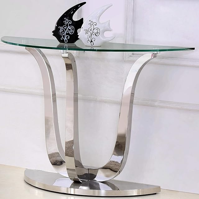 OAK FURNITURE KING Naples Semi Circle Glass Console Table | Silver Stainless Steel Metal Hall Side End Table | Naples
