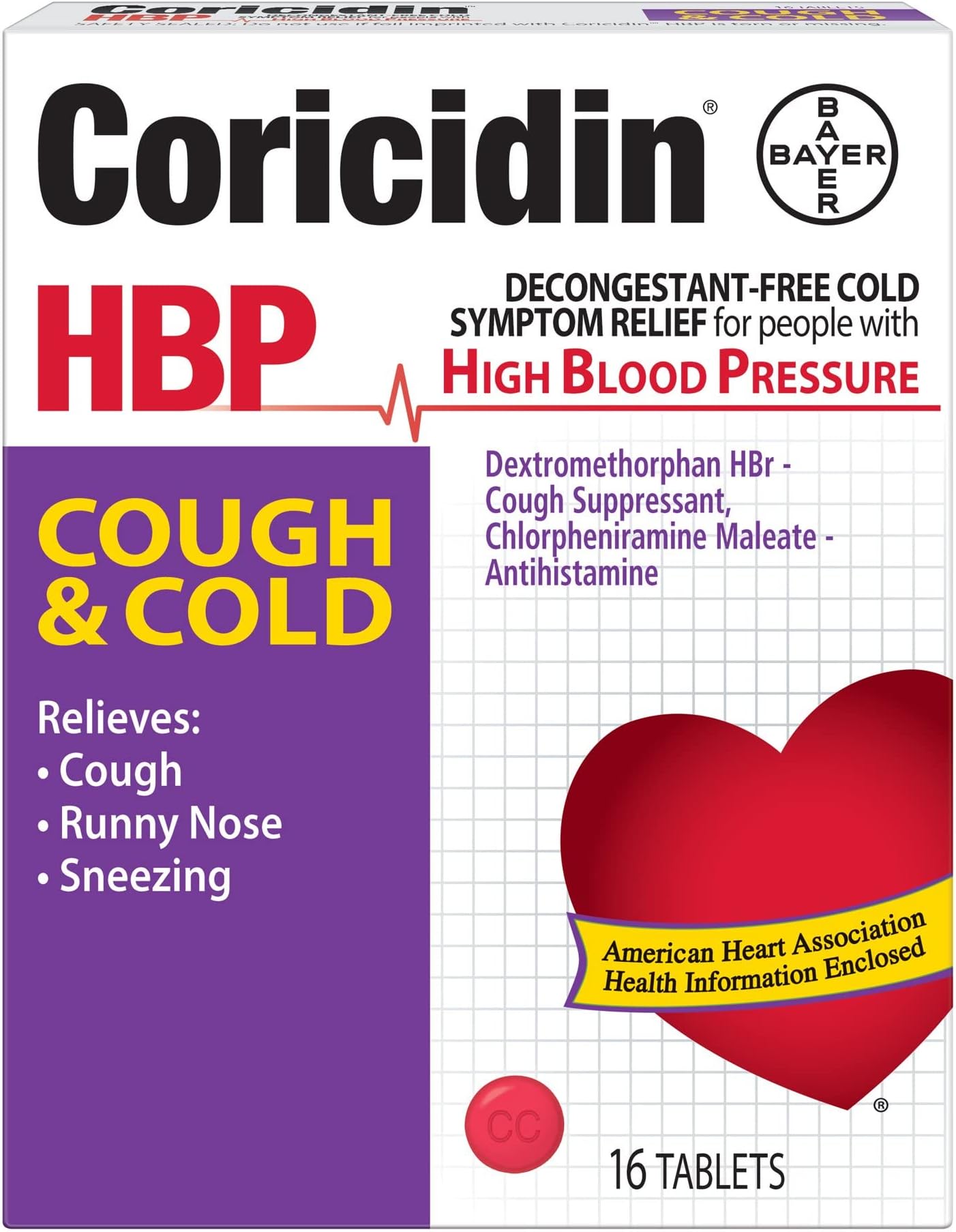 Coricidin HBP Cough & Cold Tablets - 16 Tablets, Pack of 3