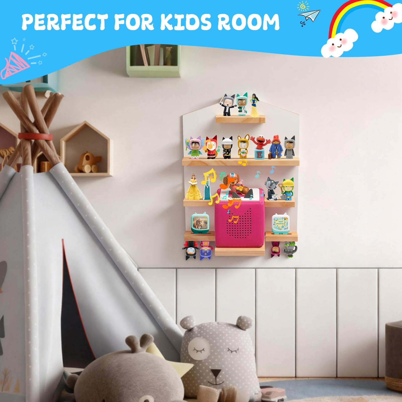 Gieanoo House Magnetic Shelf for Tonies Soild Pine Wood Wall Floating Shelves for Toniebox Starter Display Shelves Compatible with Tonie Box Player and Tonie Figures(White) - Image 2