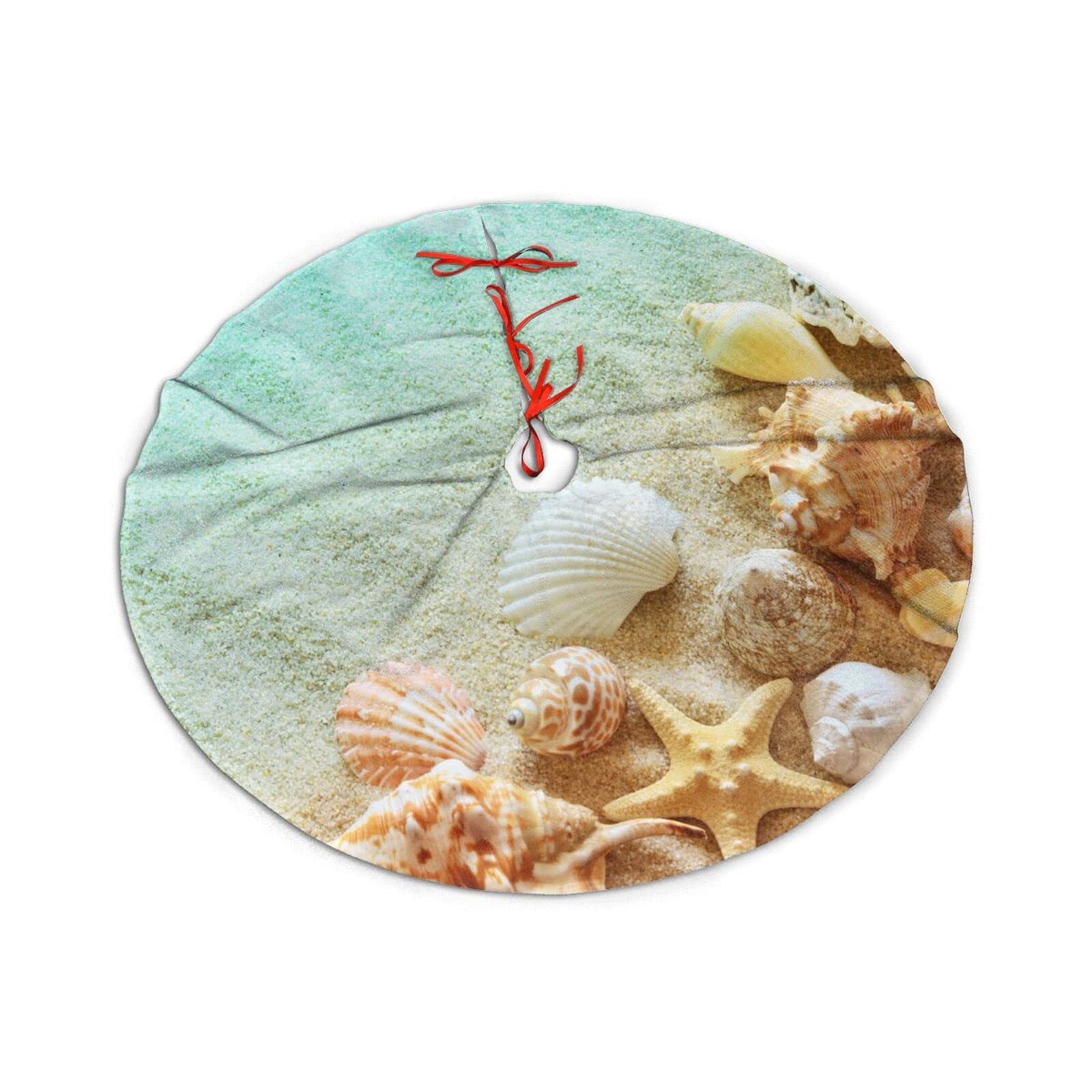 Sea Animals Christmas Tree Skirt for Xmas Holiday Party Supplies Large Tree Mat Decor, Summer Seashell Beach Starfish Ocean Ornaments 30