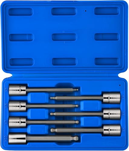 Neiko 10243A Juego de llaves de vaso con punta hexagonal extra larga de 3/8 pulgadas, en sistema métrico, 3 a 10 mm, acero S2, juego de 7 piezas