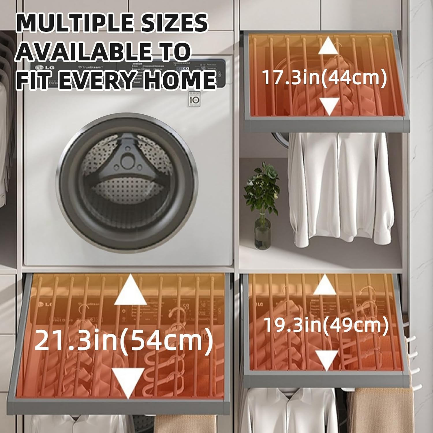 Hidden Pull Out Drying Rack, Extendable Pull Out Trousers Rack, Space Saving, Above Washing Machine Wardrobe, Aluminum Alloy, Tip-On, Depth 21.26in Width 24-26in Grey