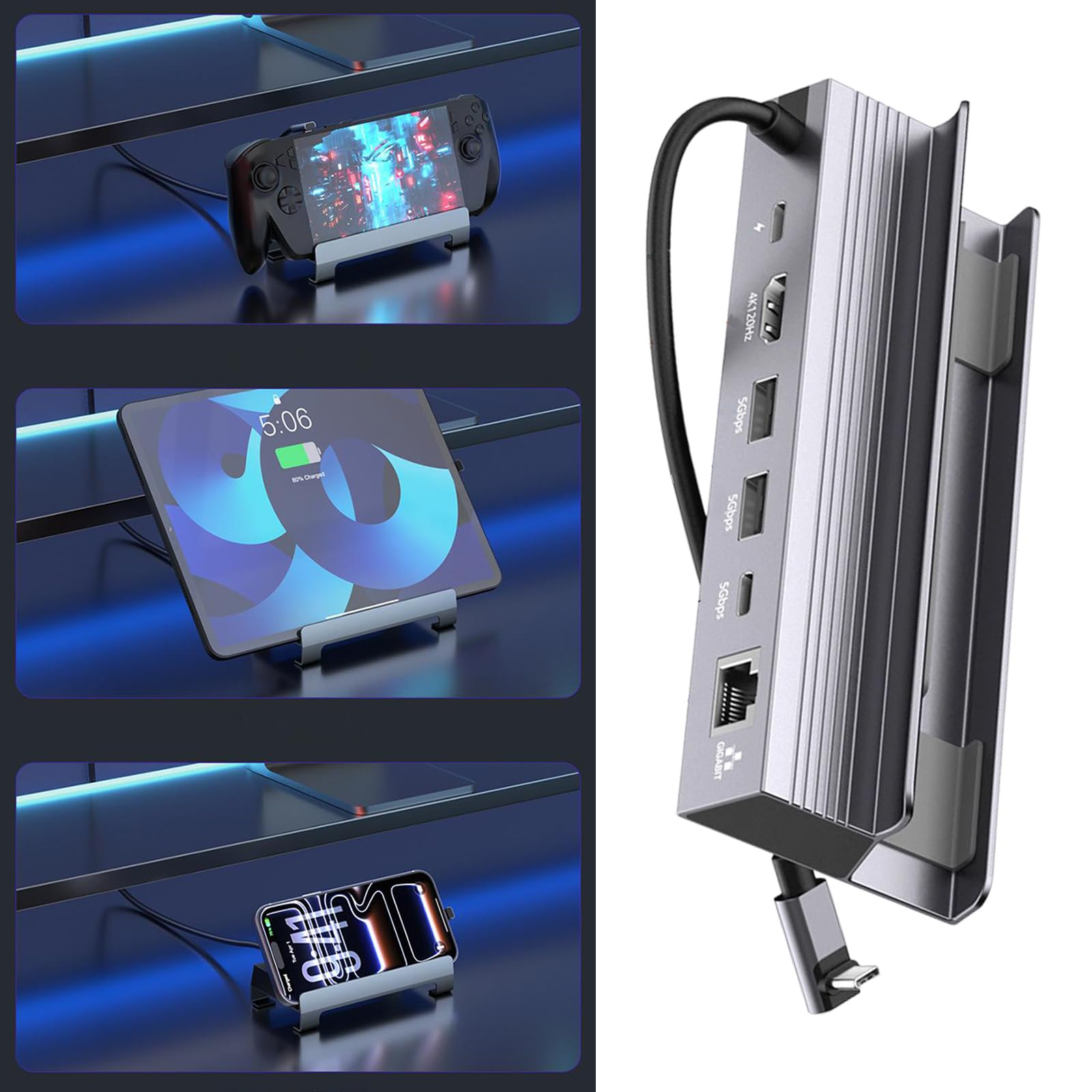 Dock da gioco USB C 6 in 1 con HDTV 4K 120 Hz PD100W Ricarica rapida e Gigabit Ethernet per Dock da gioco per SteamHandheld