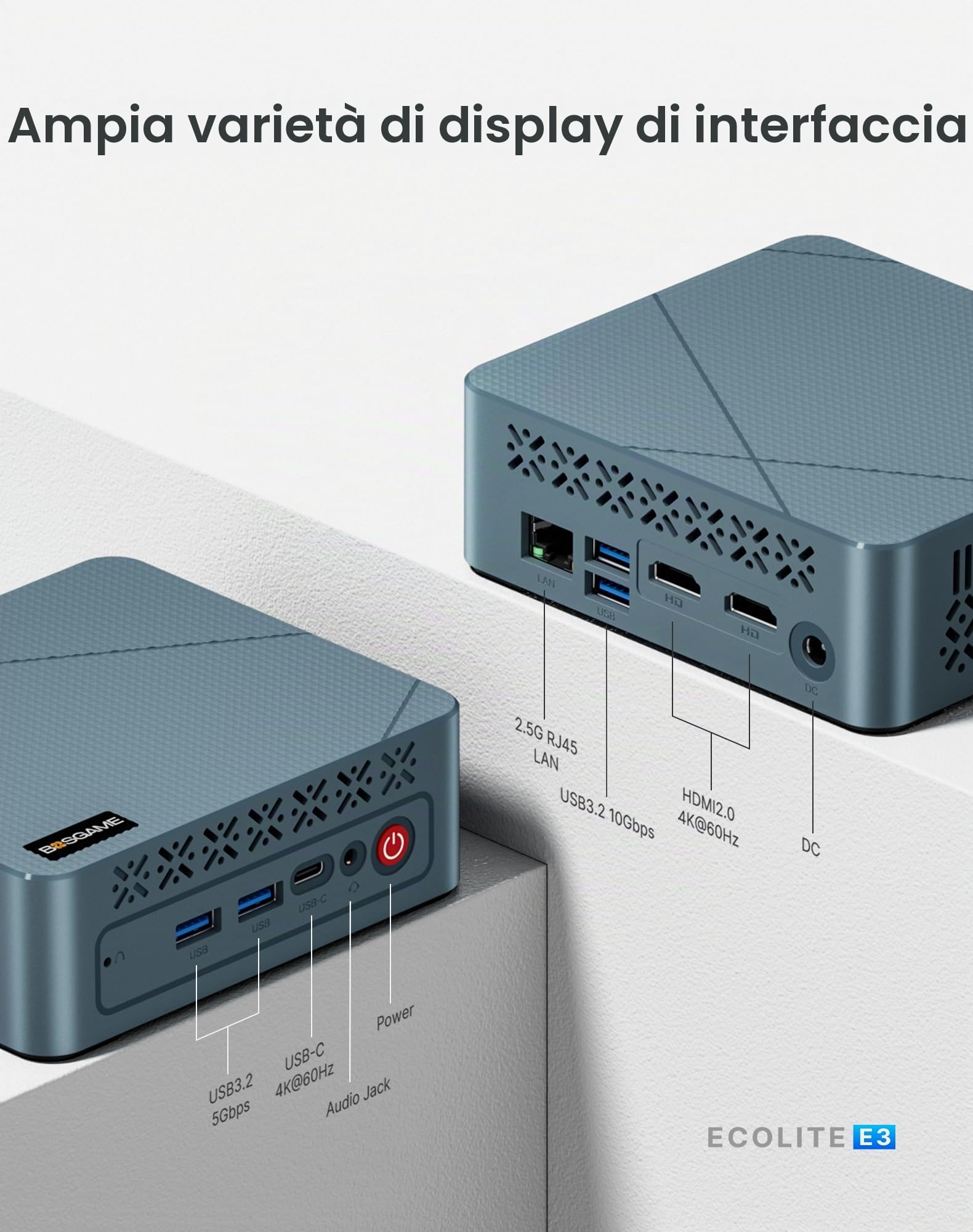 BOSGAME E3 Neo Mini PC N95 Fino a 3,4GHz, 16GB DDR4 RAM, 512GB SSD | Doppio HDMI 4K, Triplo Display, WiFi5/BT5.0, LAN 2.5G, Mini Desktop Windows 11 per Home Office, Studio, Home Cinema