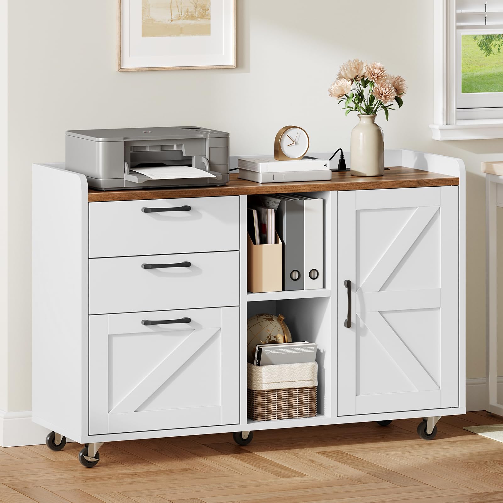 HOOBRO Lateral File Cabinet with Charging Station, Wooden Office Storage Cabinet with 3 Drawers and Door,Farmhouse Filing Cabinet Printer Stand for Home Office, Fits A4, Letter Size, White WH35UWJ01