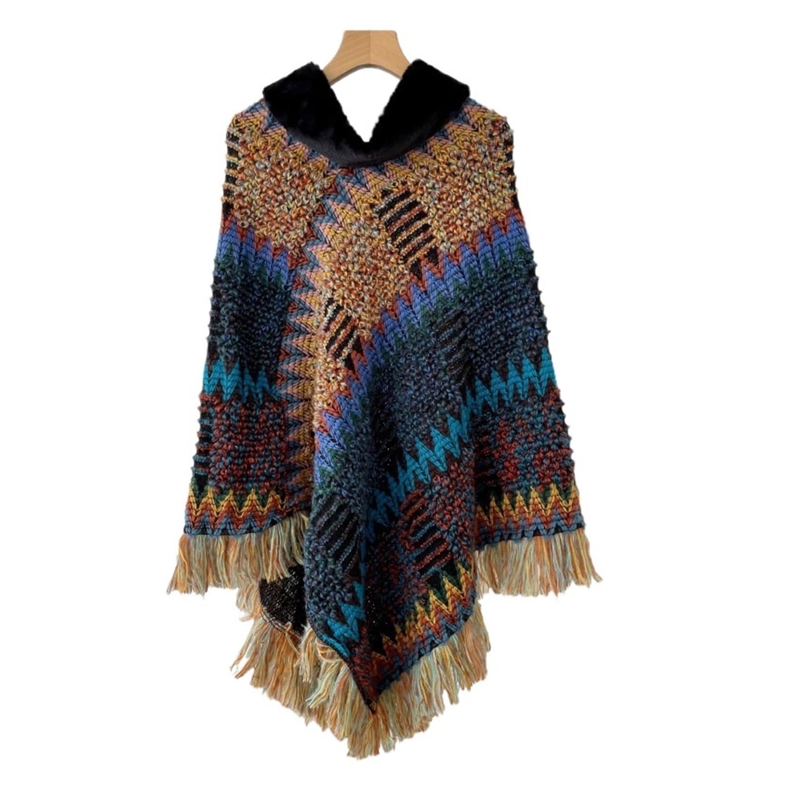 HKYBCF Autumn Winter Capes Knitted Cloak Women Pullover Cloak Tassel Warm Shawl Imitation Wool Collar Ponchos Pink Cape(Color-2)