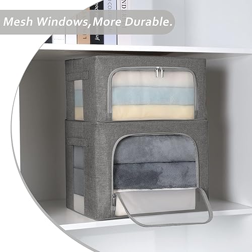 Miniatura 4 de Paquete de 2 contenedores de almacenamiento de ropa, caja de almacenamiento plegable con marco de metal con ventanas de malla, juego organizador de