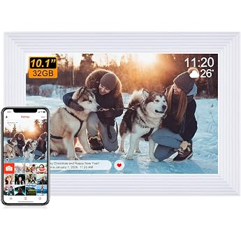 Digital Photo Frame Large Frameo Digital Photo Frame HD IPS Touchscreen - 10.1 Inch Electronic Picture Frame with WiFi 32 GB Auto Rotation Wall-Mountable Photos/Videos Share - White
