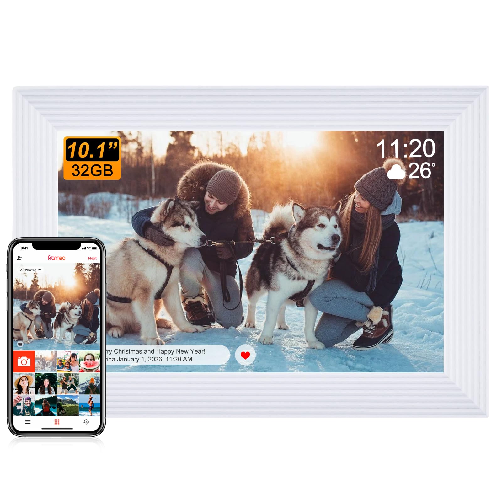 TMCC Digitaler Bilderrahmen Groß, Frameo Digital Photo Frame HD IPS Touchscreen - 10,1 Zoll, Elektronischer Bilderrahmen mit WLAN, 32GB, Auto Drehung, Wandmontierbar, Fotos/Videos teilen - Weiß
