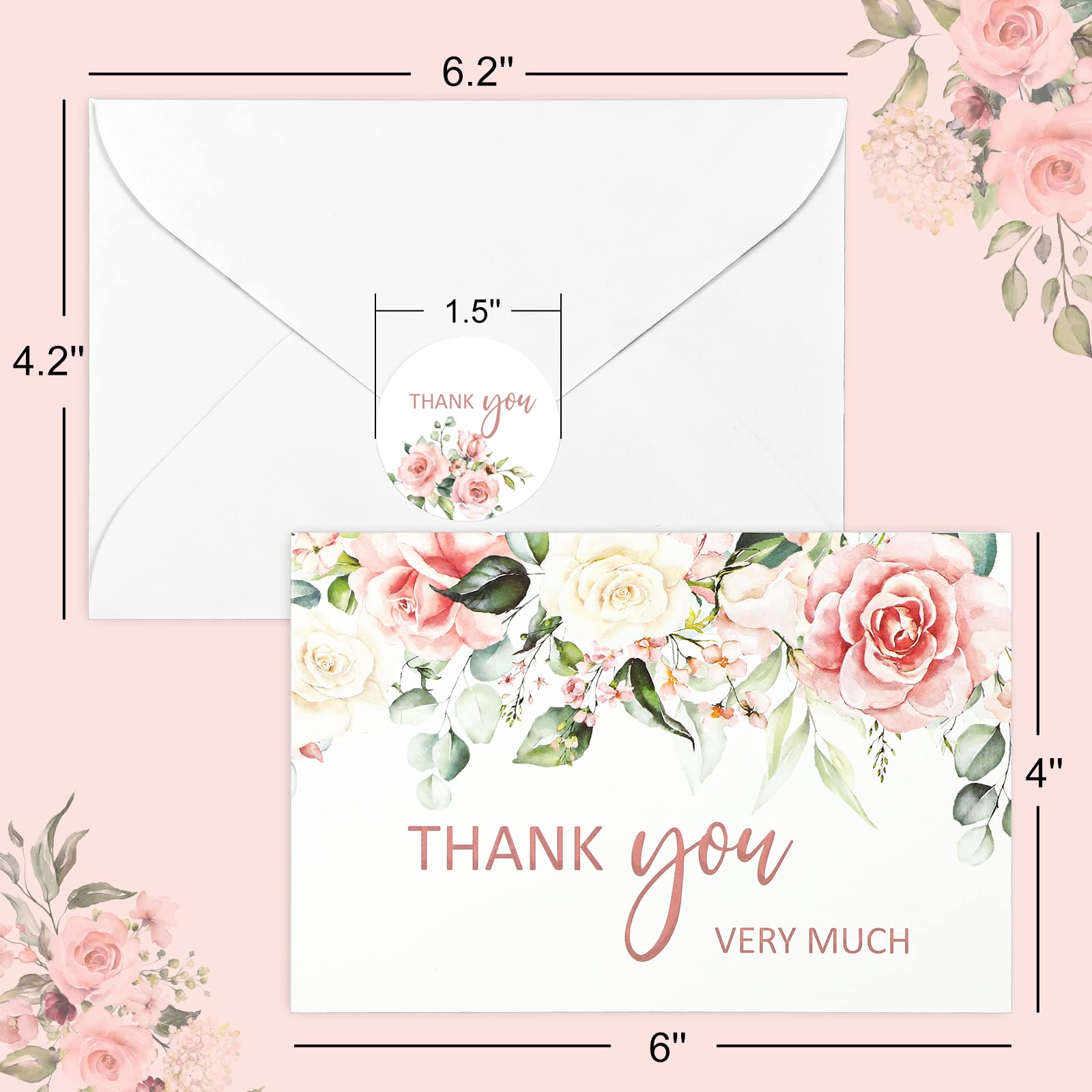 AnyDesign 32 Pack Thank You Cards With Envelopes Stickers Blush Floral