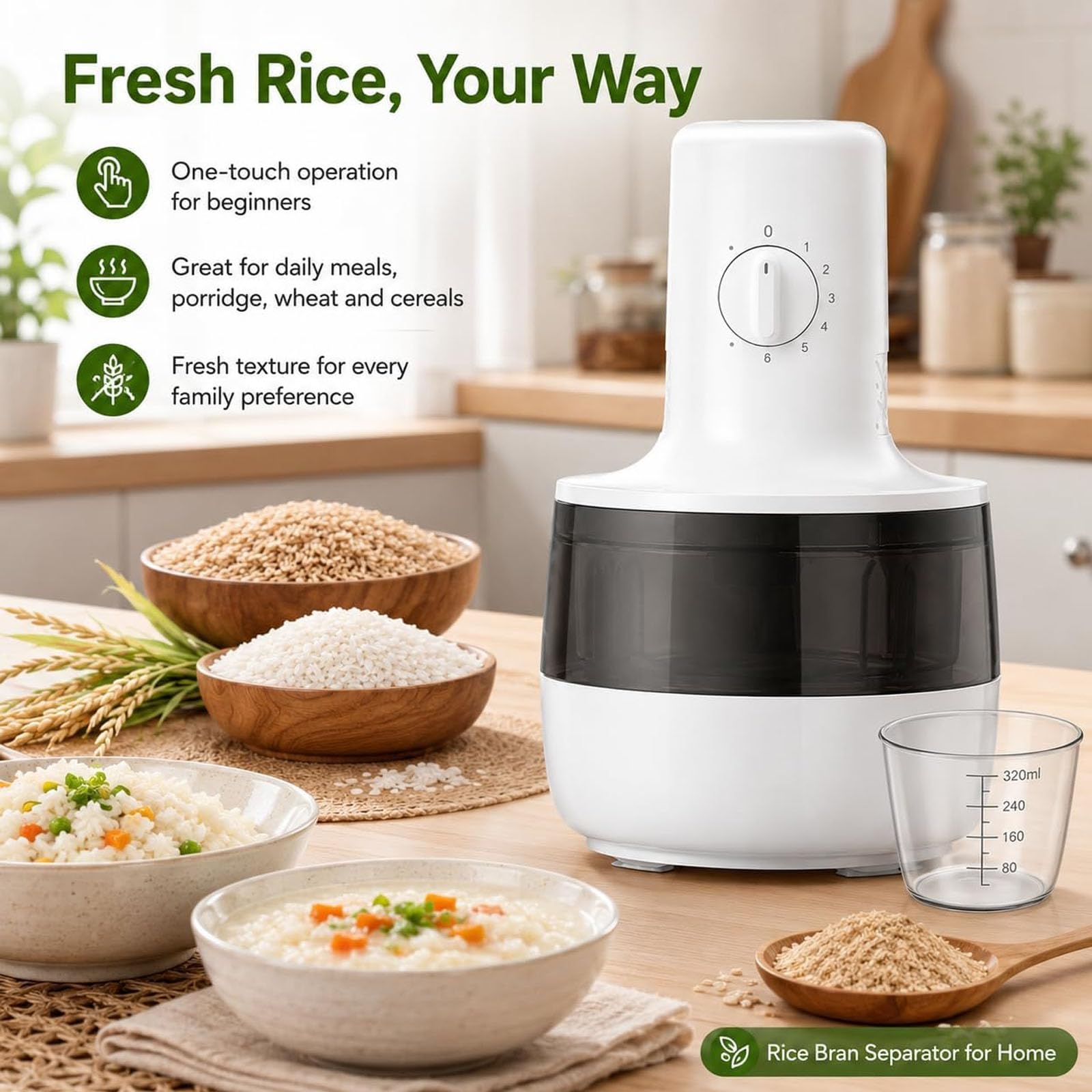Separatore automatico di riso, 3 minuti per produrre riso, Macchina per sbucciare il riso per uso domestico da 320 ml, Precisione di fresatura di 7 ingranaggi, per grano e cereali domestici