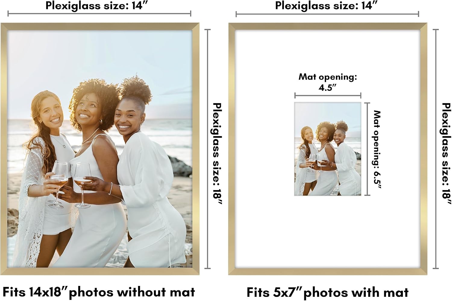 Americanflat 14x18 Picture Frame with Polished Plexiglass - Use as 5x7 Frame with Mat or Display 14x18 Photo Without Mat - Streamline Collection - Thin Border Picture Frames for Wall - Gold