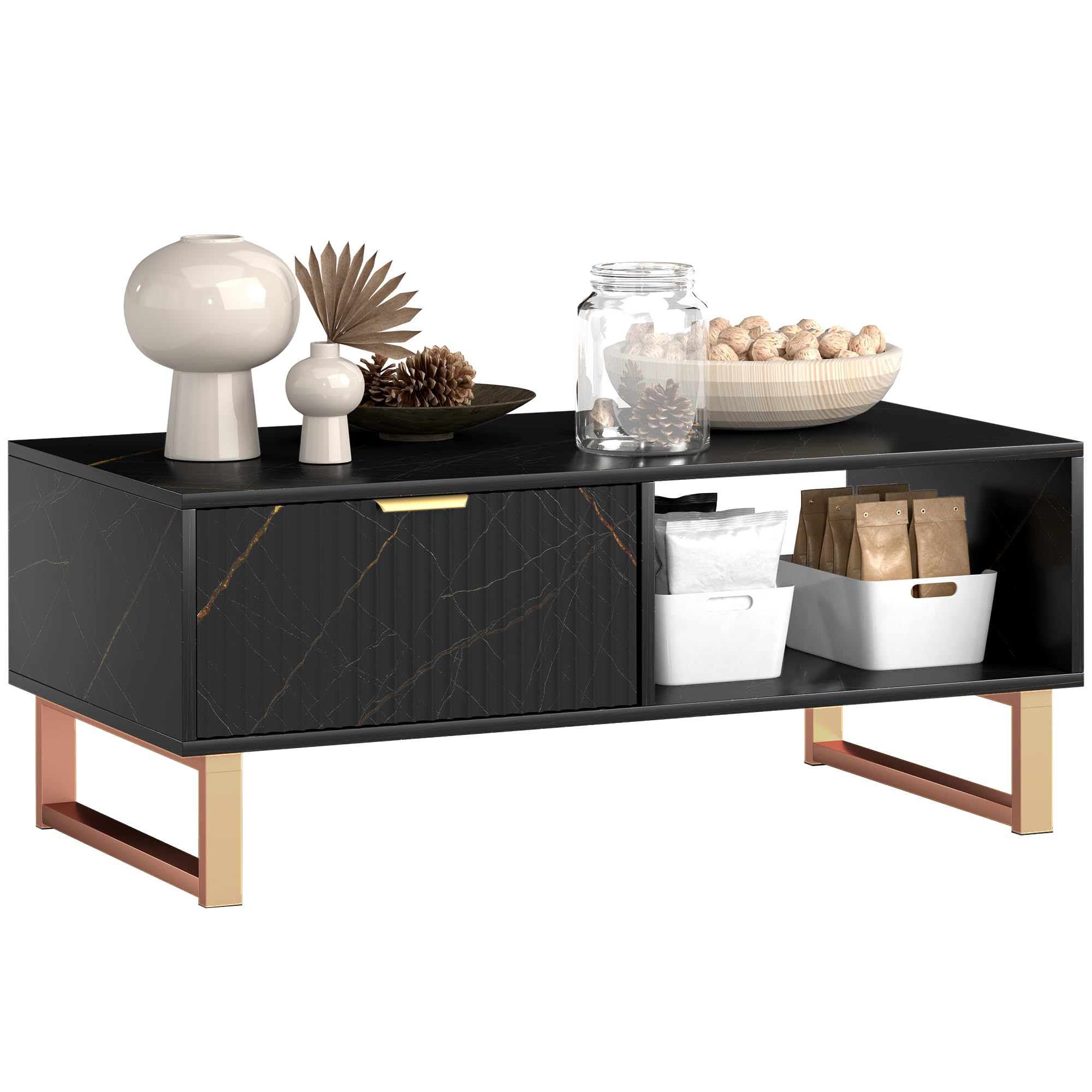 HOMCOM Marble-Effect Coffee Table with Storage, Living Room Table with Drawer and 2 Open Shelves, Modern Centre Table with Fluted Door, Black