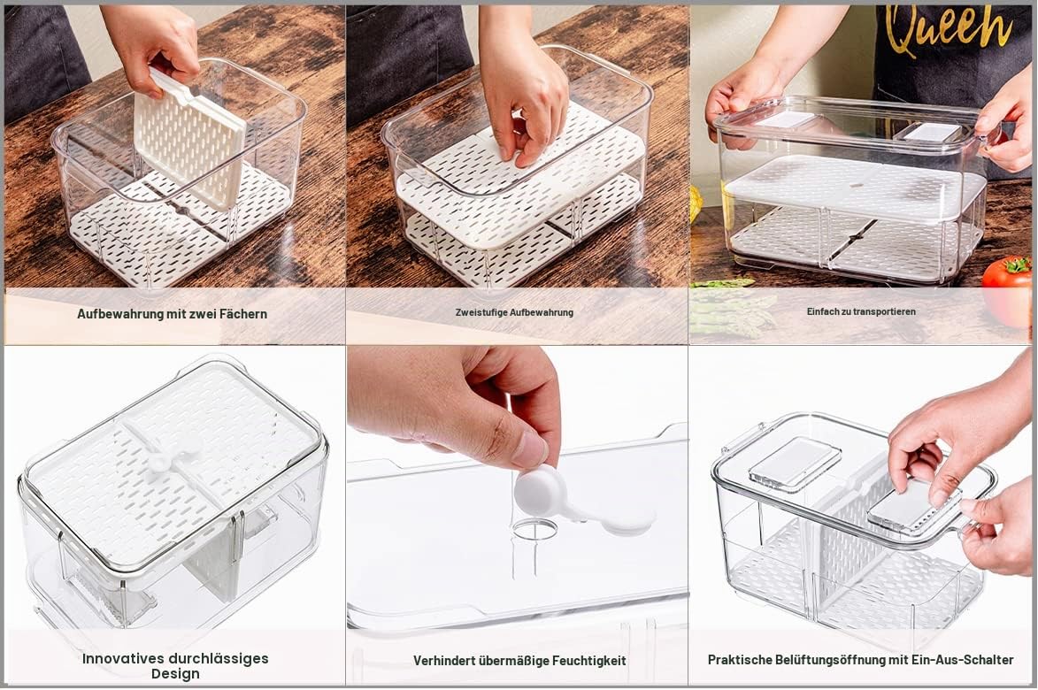 SANNO Fridge Produce Saver Storage Vegetable Fruit Food Container Stackable Refrigerator Organizer Bins Fresh Keeper Drawers, Set of 4, 9.2''Lx5.8''Wx4.8''H-2pack-10.8''Lx6.8''Wx5.7''H-2pack