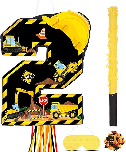 Camión volquete de piñata de construcción pequeño número 2, dos piñatas, tractor, excavadora, piñata con palito de ojos para niños, decoración de 2