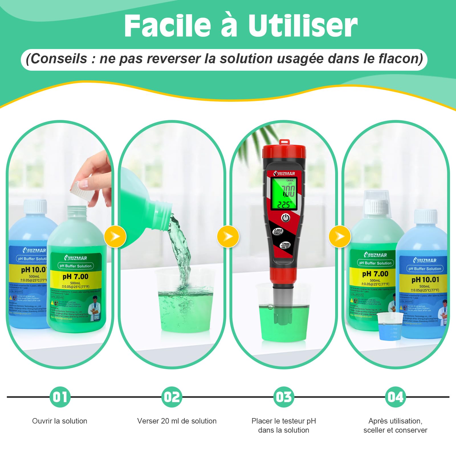 UIUZMAR Solution D'étalonnage du pH, pH 10.01/7.00 Solution 500mL Chacune, Solution D'étalonnage du Tampon pH avec Gobelet (30ml*2) pour pH mètre, Testeur de pH, Moniteur de pH, Sonde de pH