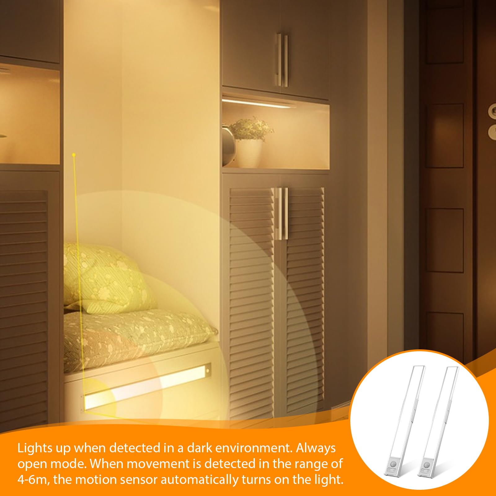 4 pezzi di illuminazione per armadio a LED con sensore di movimento, barra luminosa da 20 cm senza fili con batteria ricaricabile USB, telecomando, luce per armadio dimmerabile, illuminazione da