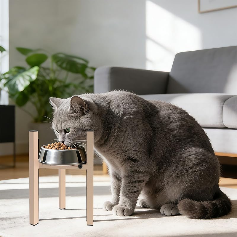 Comedouro Elevado para Gatos Drawinsage em Aço Ajustável para Tigelas Redondas, Light Khaki