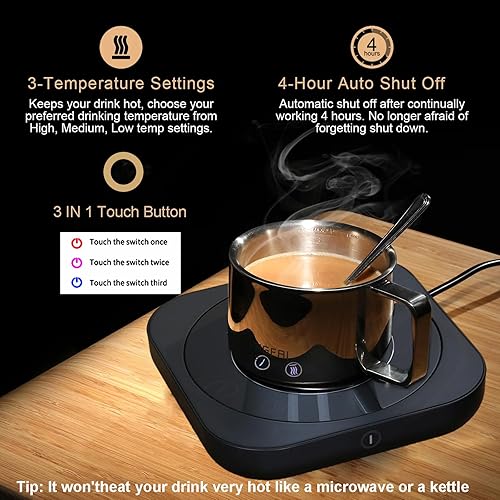 Miniatura 4 de Calentador de taza de café  Calentador de taza de café para escritorio apagado automático y 3 ajustes de temperatura, calentador de café eléctrico
