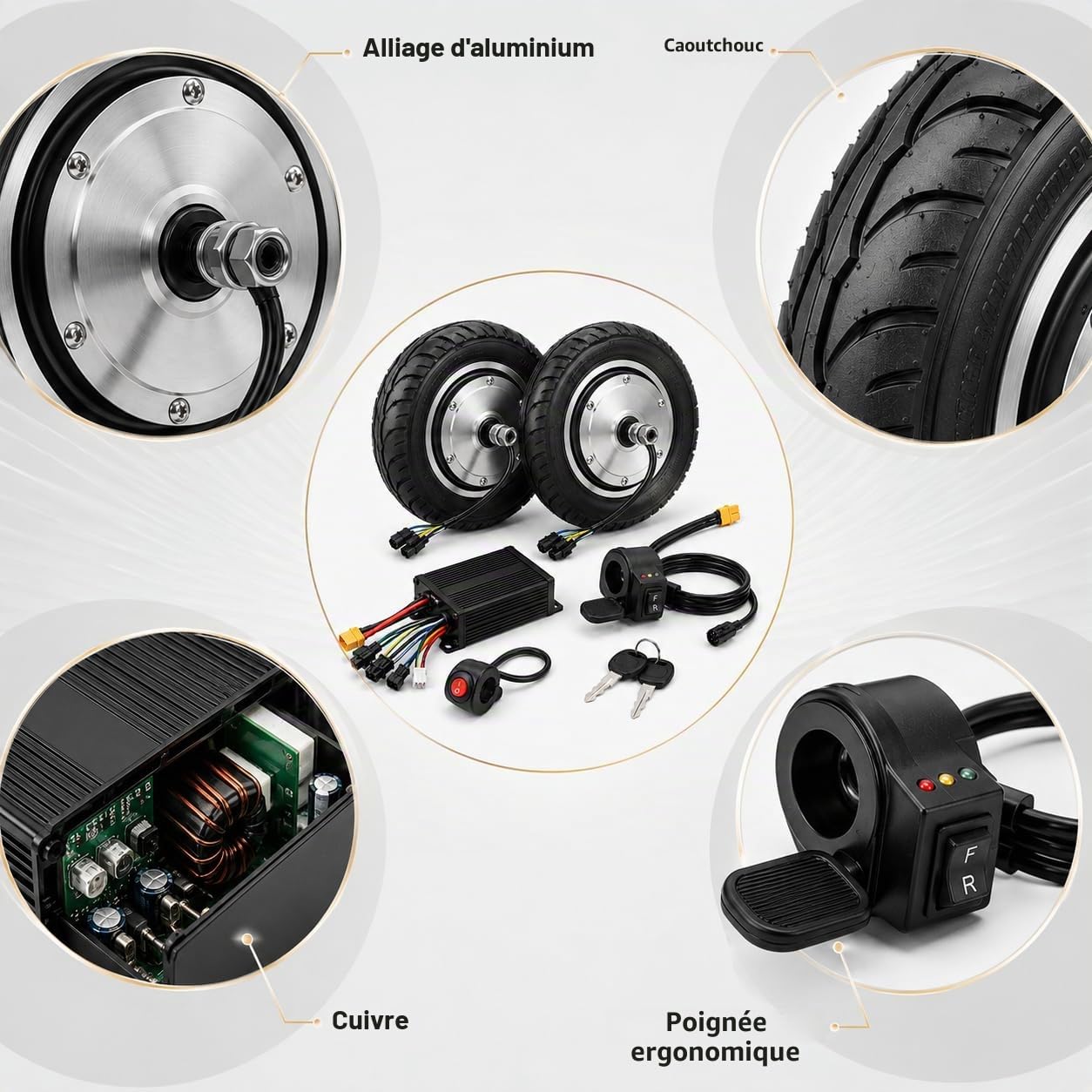 Kit de moteur à double moyeu 8 pouces 2 pièces, kit de moteur à moyeu, kit de moteur électrique pour trottinette DIY, noir-argent, en alliage d'aluminium et caoutchouc pour kart, fauteuil roulant et