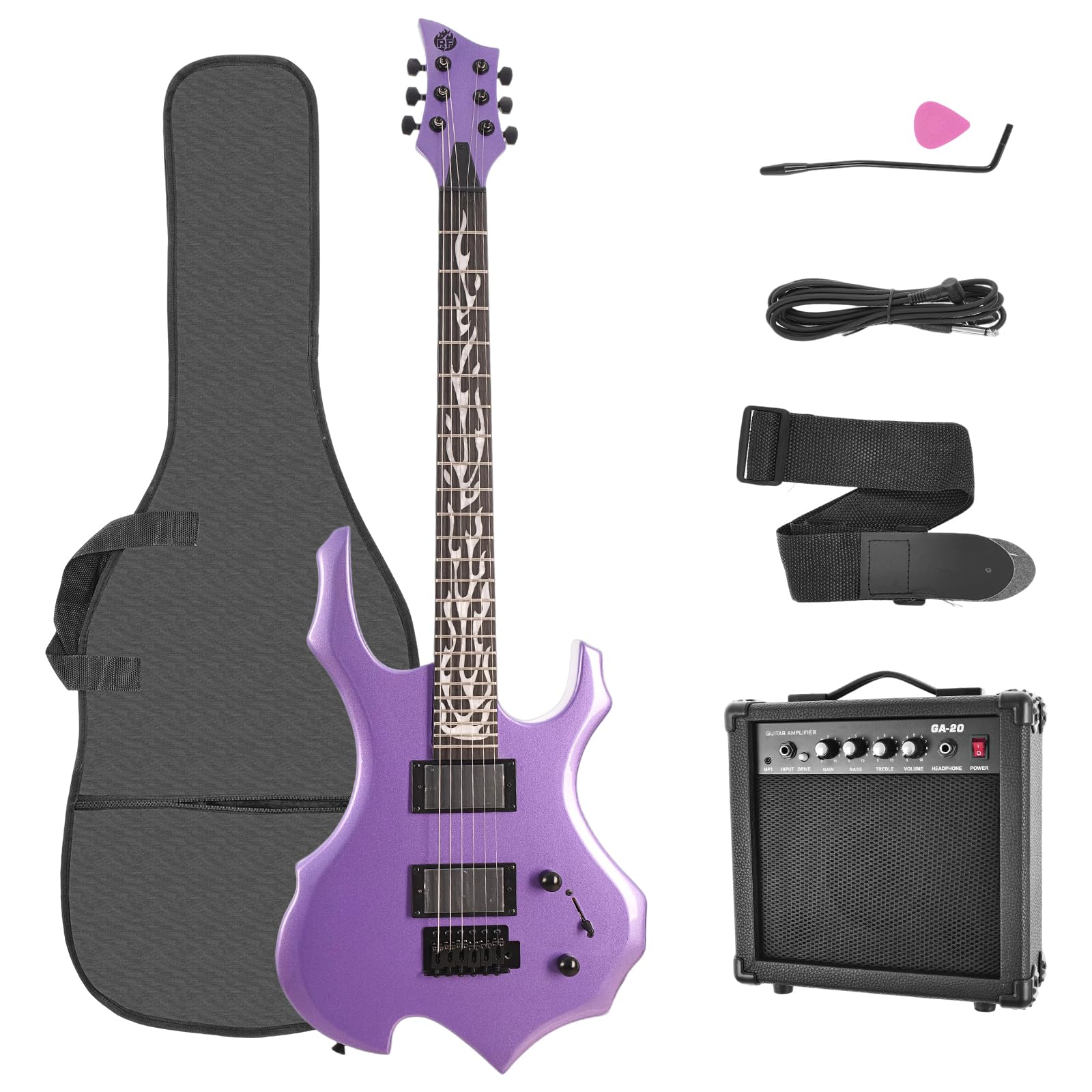 Chitarra elettrica Full Size Flame Design Set con borsa per chitarra, tracolla, amplificatore, braccio tremolo, cavo, plettro, perfetto per principianti e professionisti, chitarra a corpo