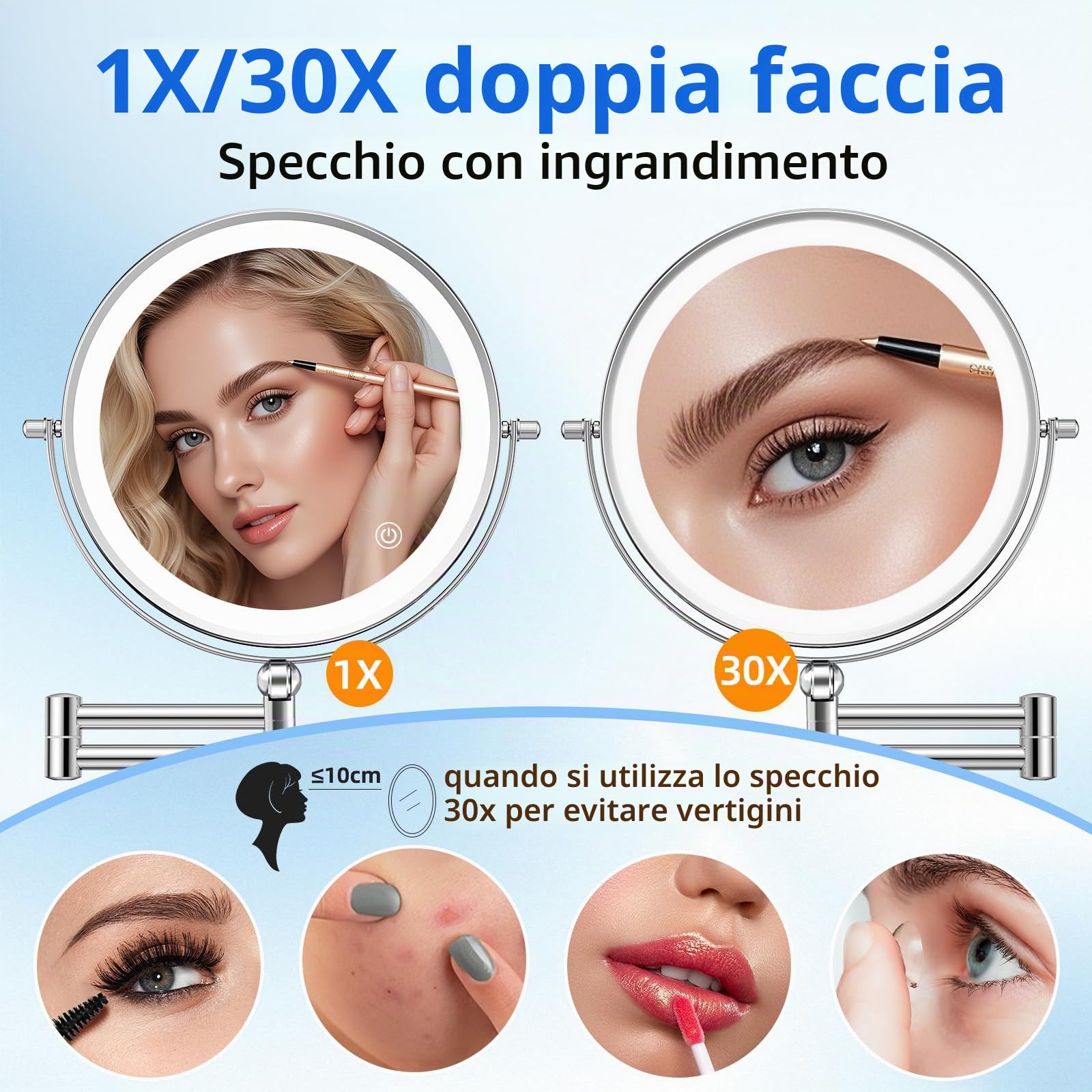 FUNTOUCH Specchio cosmetico ricaricabile da 5000 mAh con ingrandimento 1X/ 20X, specchio da barba dimmerabile, 3 colori, touch screen LED, girevole a 360°, specchio da parete per bagno e hotel