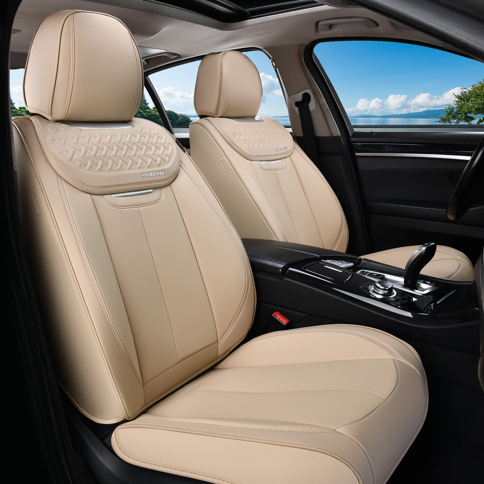 Coverado Seat Covers, Car Seat Covers Front Seats, Beige Nappa Leather Car Seat Covers, 2 Pack Waterproof Front Seat Covers, Breathable Leather Seat Cushion Universal Fit Most Cars Trucks