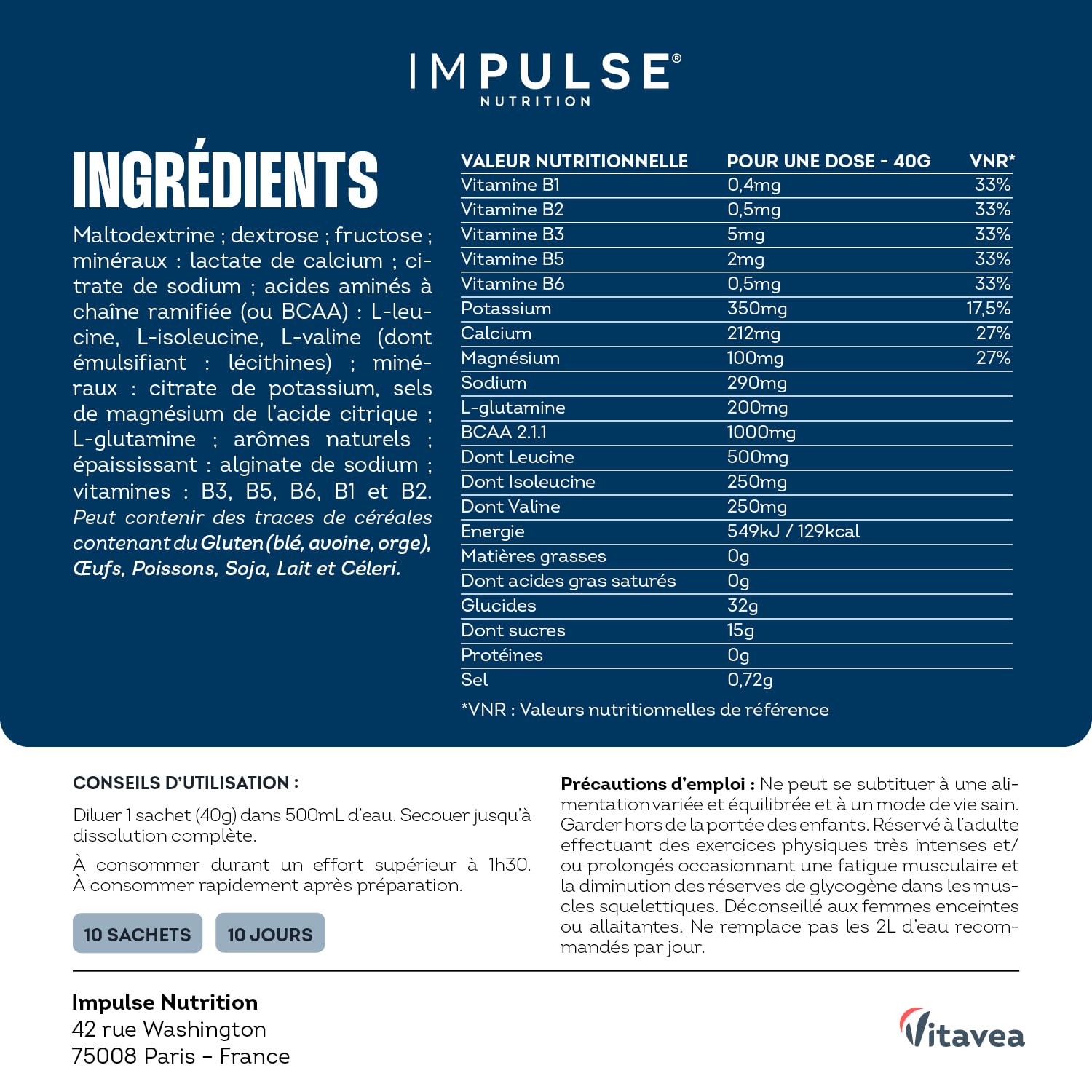 Impulse Nutrition - Boisson isotonique d’effort Saveur Menthe avec 3 glucides, électrolytes, BCAA - Énergie, Hydratation, Récupération - Pour les Longues distances - 10 sachets - Fabriqué en France