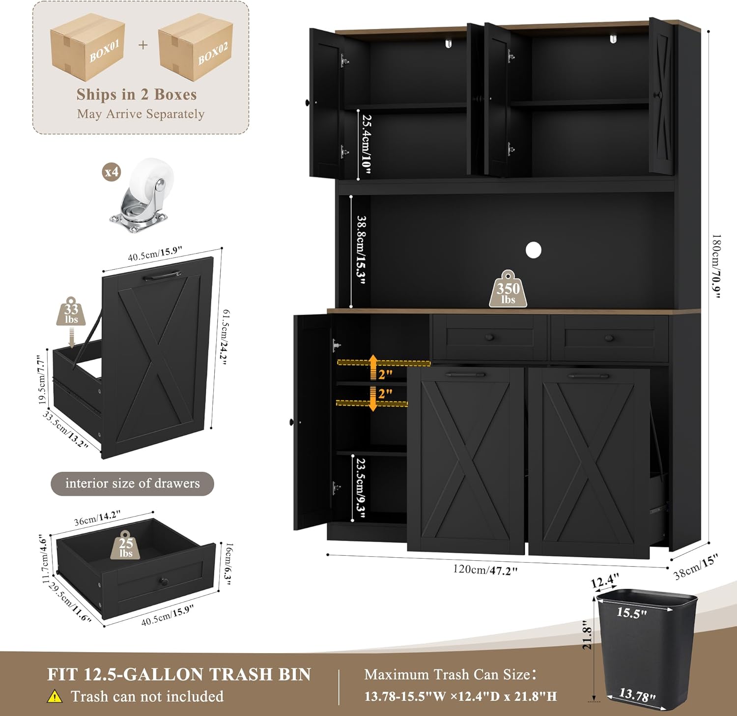 HOSTACK 71" H Kitchen Trash Can Hutch Cabinet, 12.5 Gallon Double Pull Out Garbage Can Hutch Cabinet with Trash Bin Storage Holders, 47" Wide Kitchen Pantry with Hidden Garbage Storage, Black