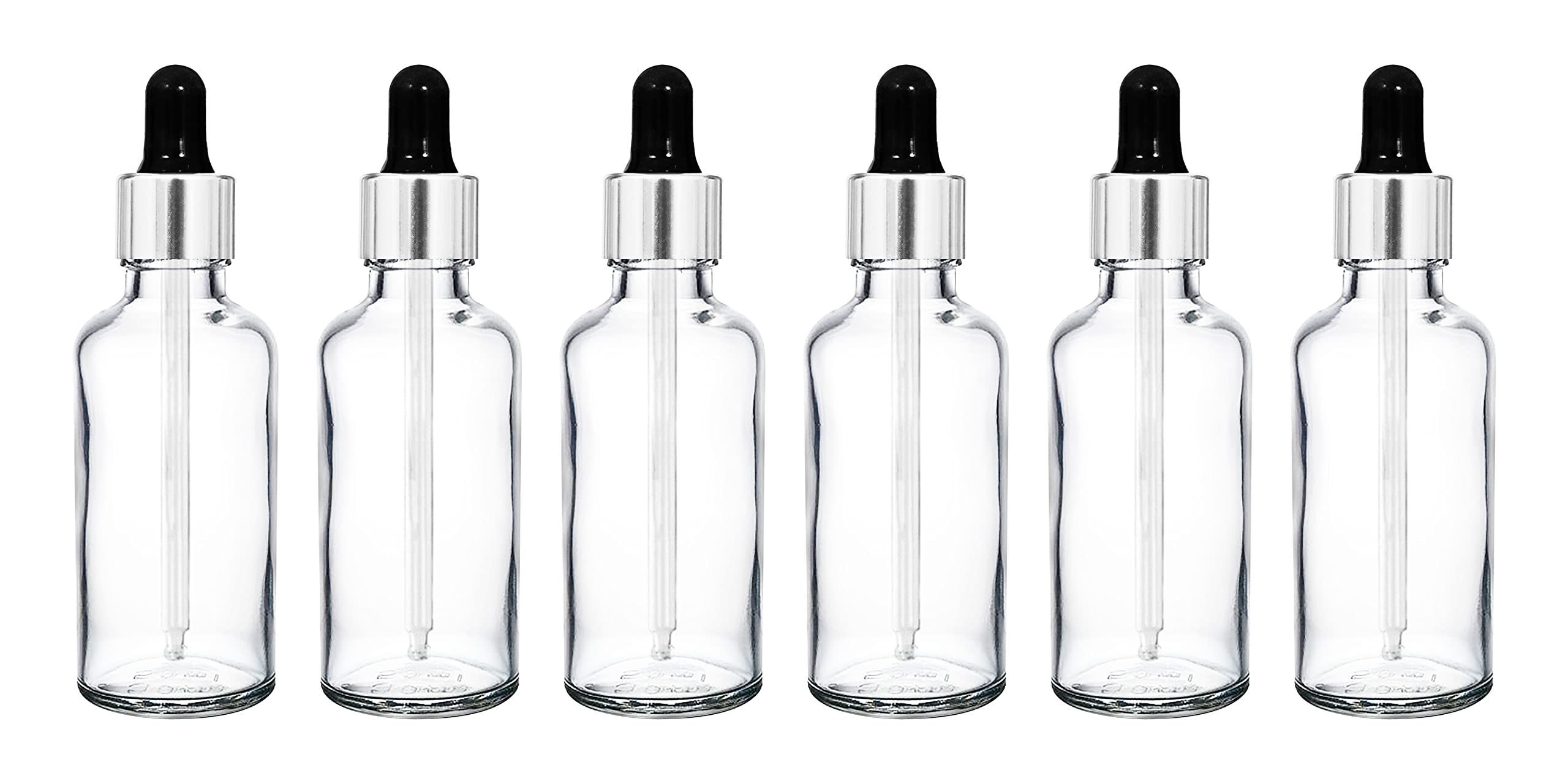 50 ML Clear/Transparent Round Empty Glass Bottle + Glass Dropper + Silver Ring + Silicon Black Teat, Refillable, Reusable, Leak Proof For Essential Oils, Perfumes (Pack of 24)-image-48