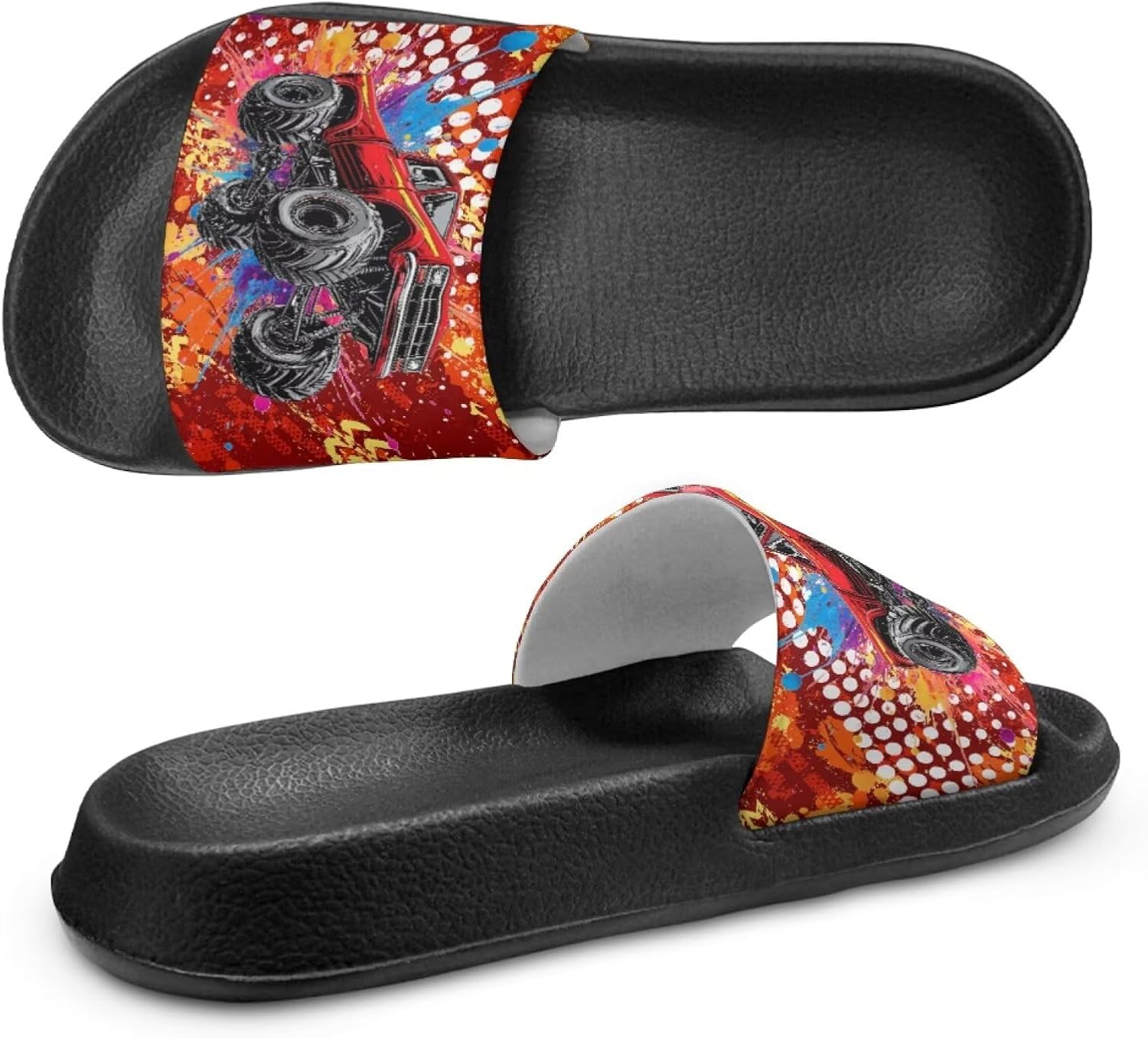 Novelty Patten Kids Slides Sandals Indoor House Slippers Tractor Print Slip On Sandals Slides for Boys Comfort Footbed Open Toe Outdoor Slipper