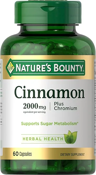 Nature's Bounty Cinnamon 2000mg Plus Chromium, Sugar Metabolism Support Supplement, 60 Capsules
