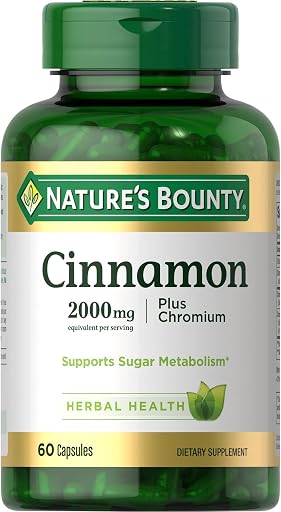 Nature's Bounty Cinnamon 2000mg Plus Chromium, Sugar Metabolism Support Supplement, 60 Capsules