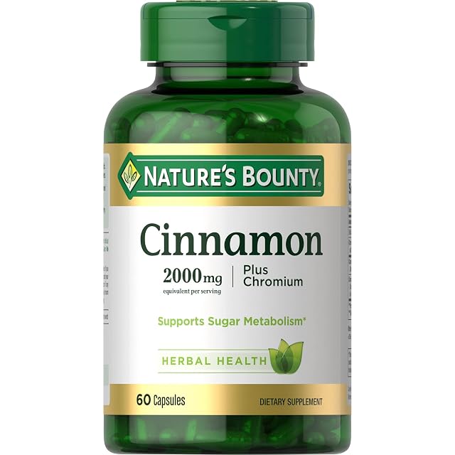 Natures Bounty Cinnamon 2000mg Plus Chromium Sugar Metabolism Support Supplement 60 Capsules