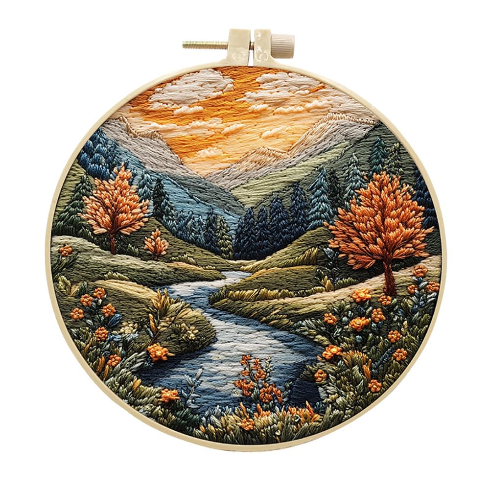 Eforcase Embroidery Starter Kit for Adult Beginner with Landscape Tree Mountain River Floral Nature Scenery Pattern Cross Stitch Hand Embroidery Set DIY Cross Stitch Kits with Hoops Needles Threads