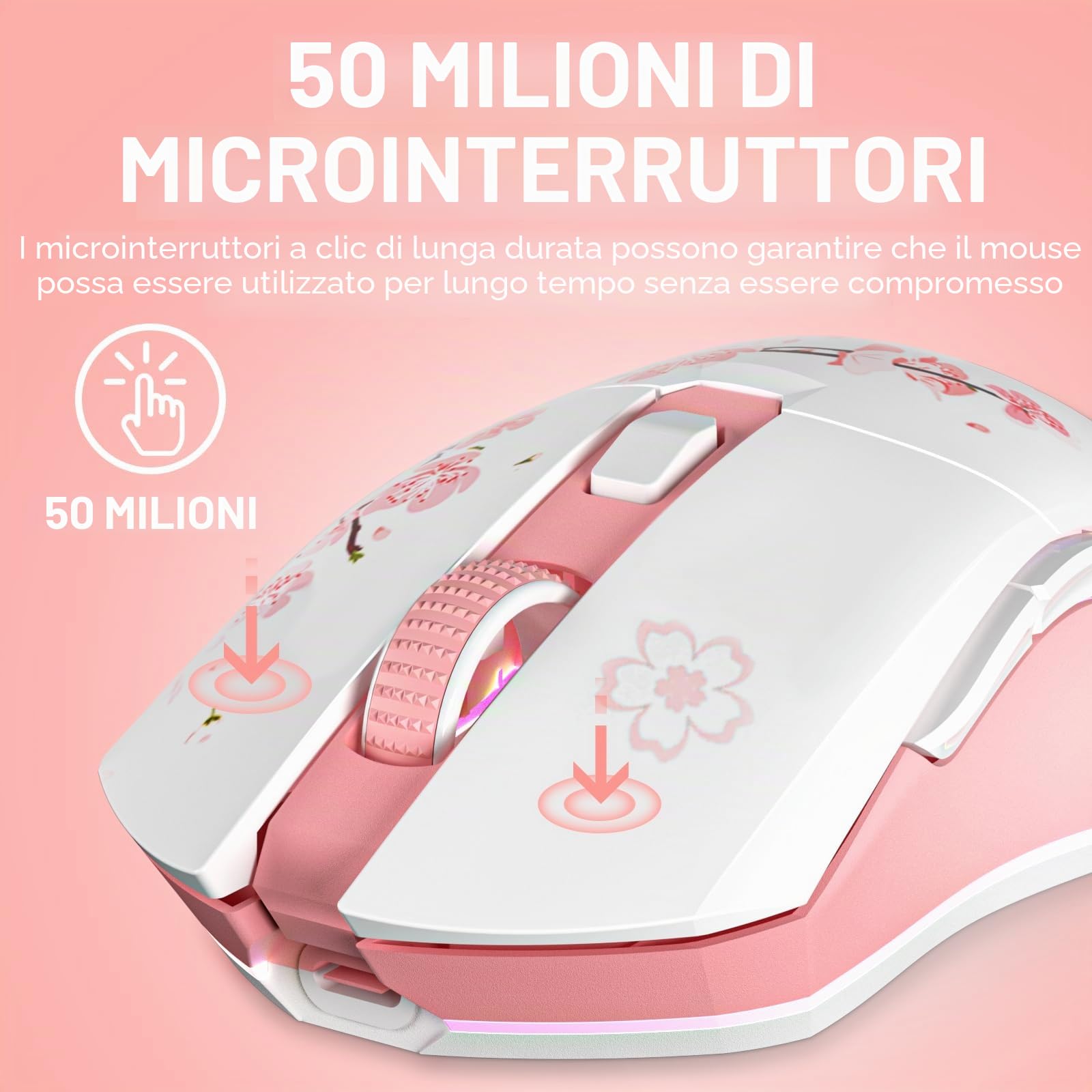 DAREU Sakura Rosa Mouse Gaming Pink con dock di ricarica ricaricabile RGB, 12 K DPI, 7 pulsanti programmabili, sensore ad alta precisione [300IPS] [1000Hz] per PC Notebook Mac
