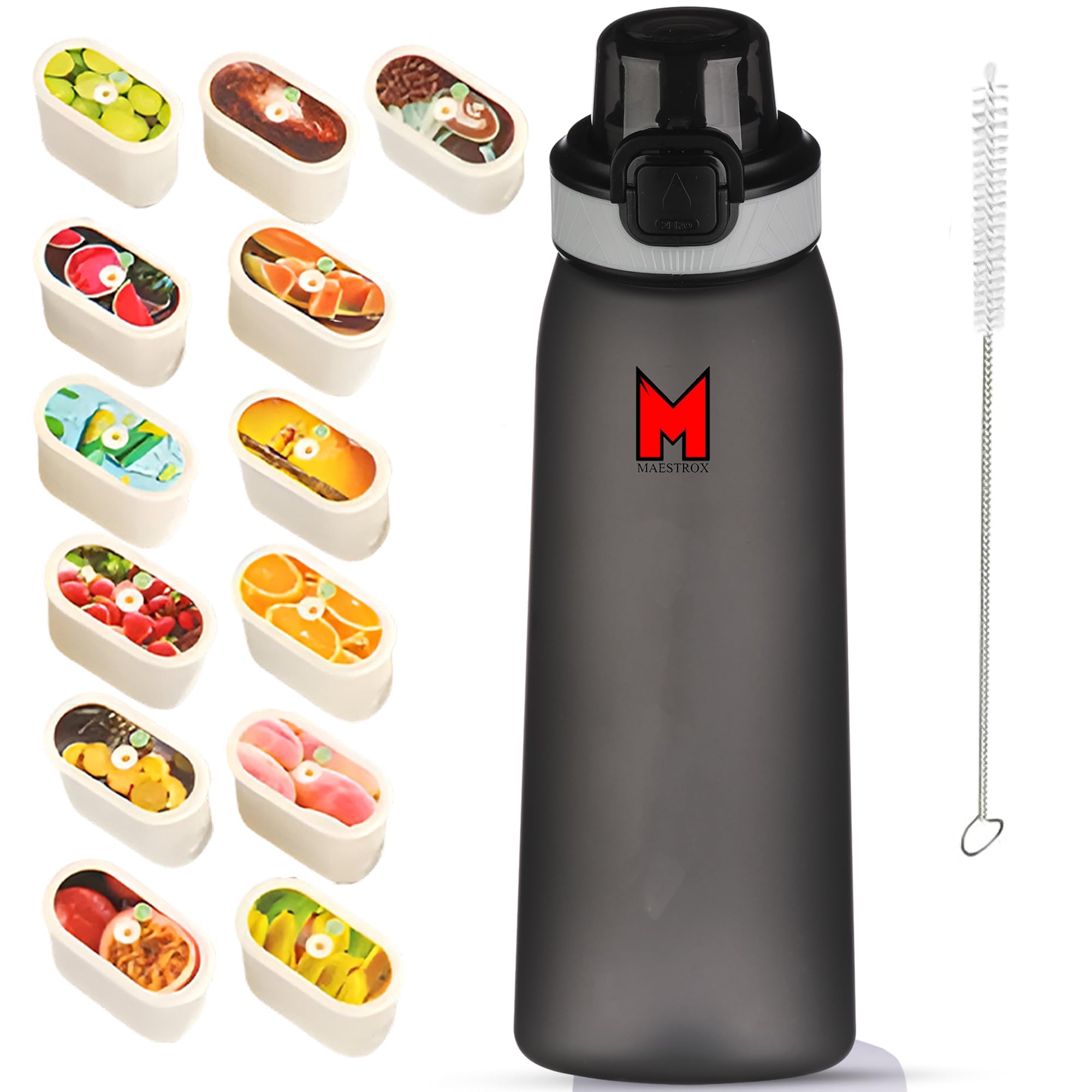 Maestrox Flavoured Water Bottle 700ML with 13 Flavour Pods, Straw, Cleaning Brush Reusable Fruit Flavour Bottle BPA Free & Leak Proof Design Portable Tritan Home, Office, School, Gym, Travel