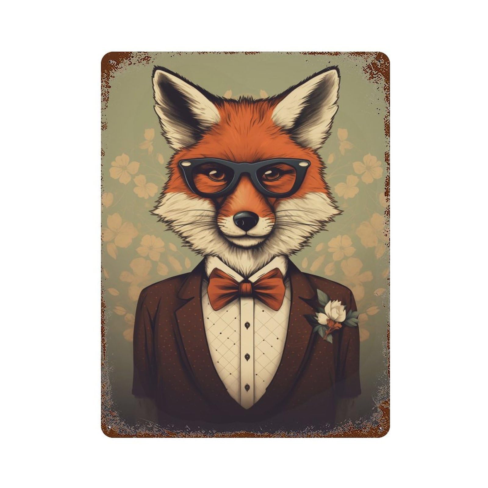 Fox in Suit Animal Art 15.7"x11.8" Distressed Metal Wall Sign, Shabby Chic Decor for Office, Studio And Wall Decor