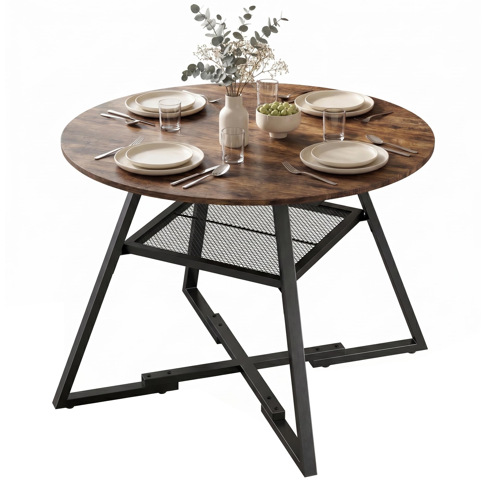 HOMCOM Table à Manger Ronde pour 4 Personnes avec Large Plateau et étagère de Rangement, Table de Cuisine Industrielle, Cadre en métal, Ø 100 x 76 cm, Brun Rustique