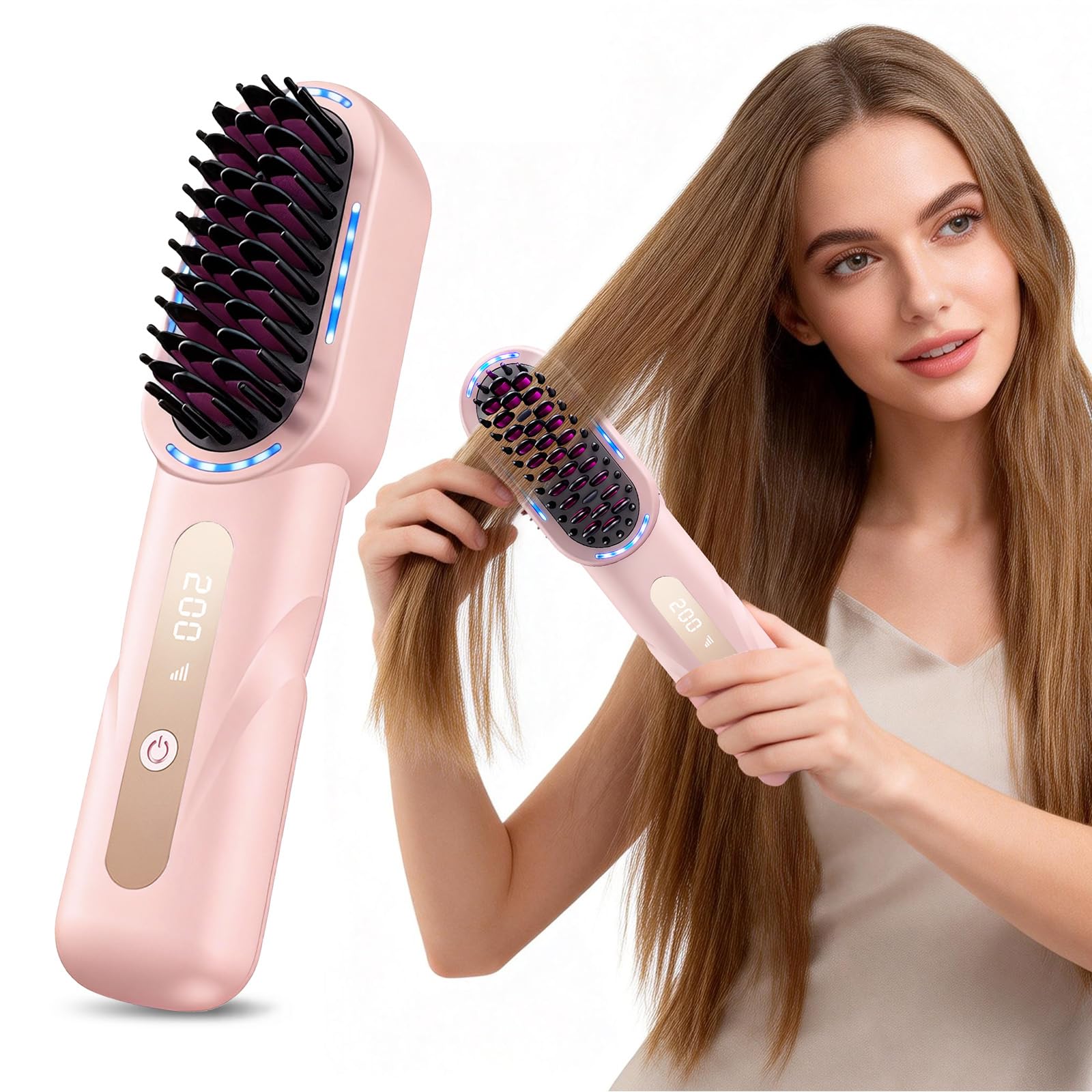 Cordless Hair Straightener Brush - LCD Display, Fast Heating MCH Ceramic, USB Rechargeable, Portable Mini Straightening Iron for Travel, Salon Smooth Hair at Home, Pink