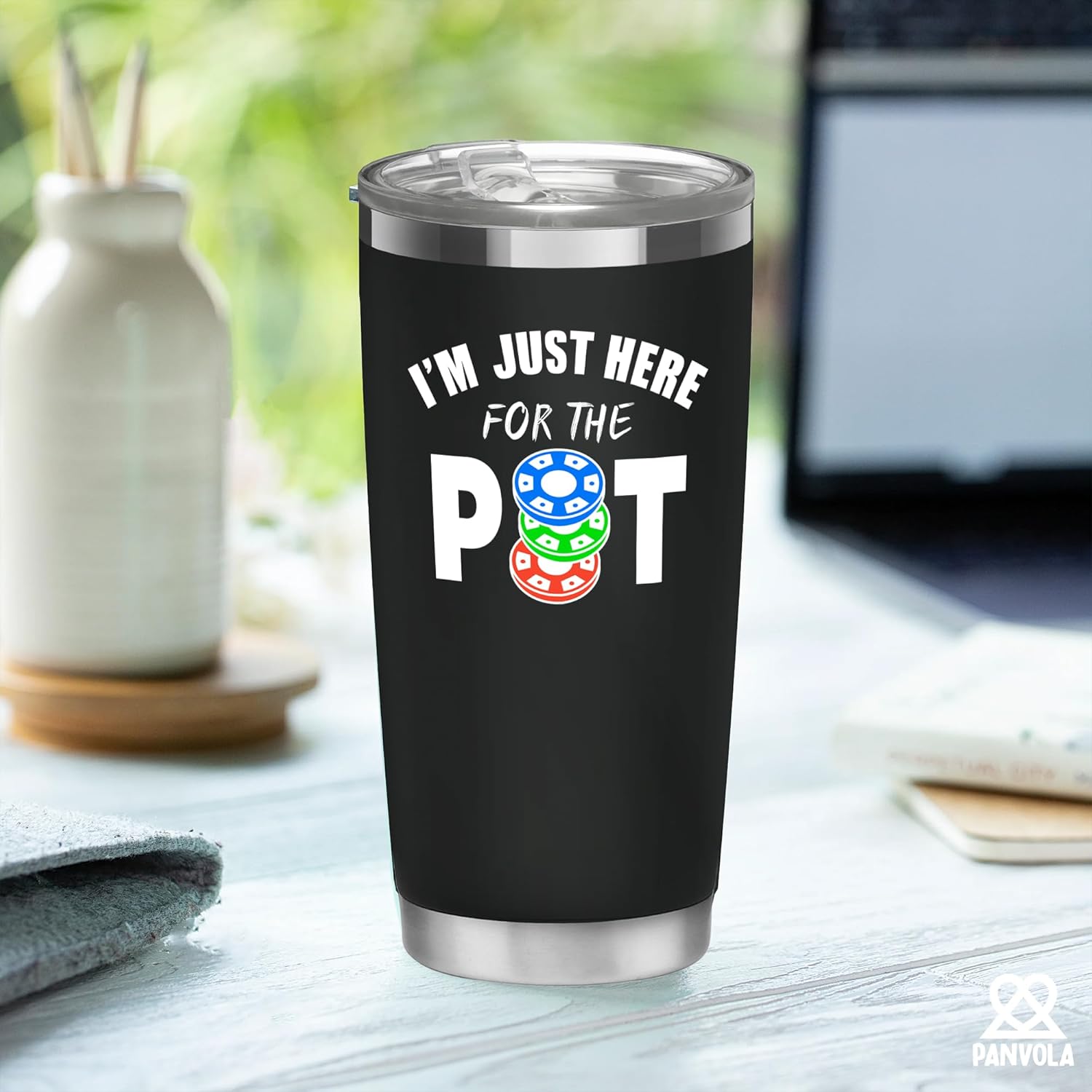 Panvola I'm Just Here For The Pot Funny Gift for Poker Lovers Players Coworker Friends Dad Mom Husband Wife Sister Brother Card Games Vacuum Insulated Tumbler with Lid and Straw 20 oz Black - Image 7
