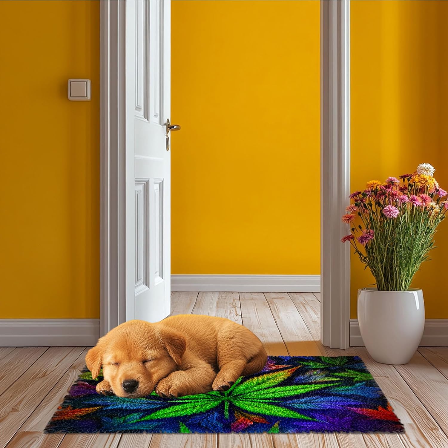 Latch Hook Rug Kit Colors of Marijuana Leaf Pre-Printed Handmade Carpet Crochet Yarn Craft DIY Hook and Latch Door Mat Tapestry for Home Floor Decoration 52x38cm-1