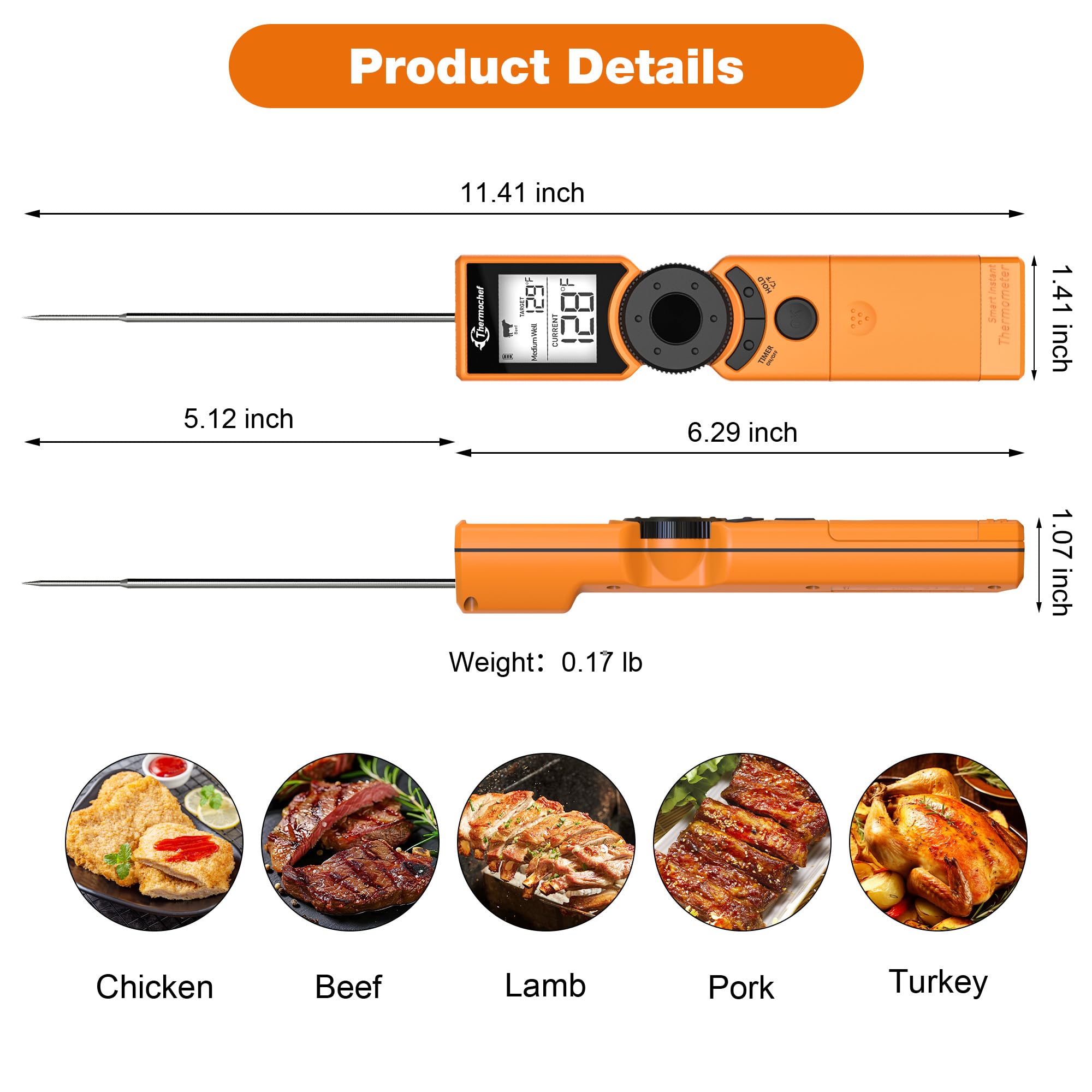 Termómetro digital de carne para parrilla, termómetros de alimentos de lectura instantánea para cocinar con guía de preparación de alimentos, calibración y pantalla LCD retroiluminada, alta
